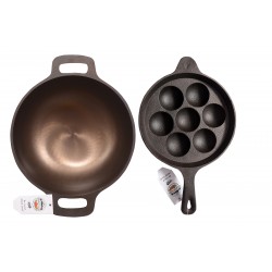 Qualy Investo 10 inches Cast Iron Kadai and 7 Cavity Paniyaram Flat Base Pan