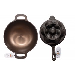 Qualy Investo 10 inches Cast Iron Kadai and 7 Cavity Paniyaram Flat Base Pan