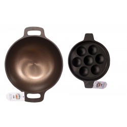 Qualy Investo 10 inches Cast Iron Kadai and 7 cavity Cast Iron Paniyaram Pan