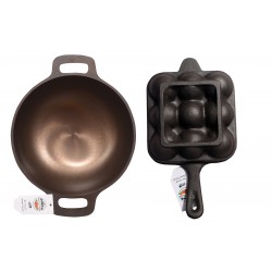 Qualy Investo 10 inches Cast Iron Kadai & 9 Cavity Paniyaram Flat Base Pan Qualy Investo 10 inches Cast Iron Kadai & 9 Cavity Paniyaram Flat Base Pan