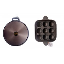 Qualy Investo Cast Iron 12 inch Cast Iron Dosa Tawa and 9 cavity cast iron Paniyaram Pan
