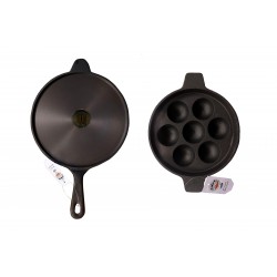 Qualy Investo Pre Seasoned Cast Iron Dosa Tawa with Long Handle (27CM) & Paddu Tawa Appam Patra Paniyarakkal Kuzhi Paniyaram 7 cavity (Black Preseasoned)