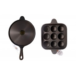 Qualy Investo Pre Seasoned Cast Iron Dosa Tawa with Long Handle (27CM) & Paddu Tawa Appam Patra Paniyarakkal Kuzhi Paniyaram 9 cavity (Black Preseasoned)