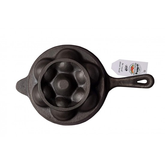 Qualy Investo 7 Cavity Appam Patra Kuzhi Paniyaram Pre-Seasoned Cast Iron Paddu Tawa with Handle