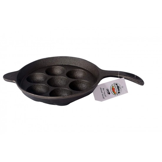 Qualy Investo 7 Cavity Appam Patra Kuzhi Paniyaram Pre-Seasoned Cast Iron Paddu Tawa with Handle