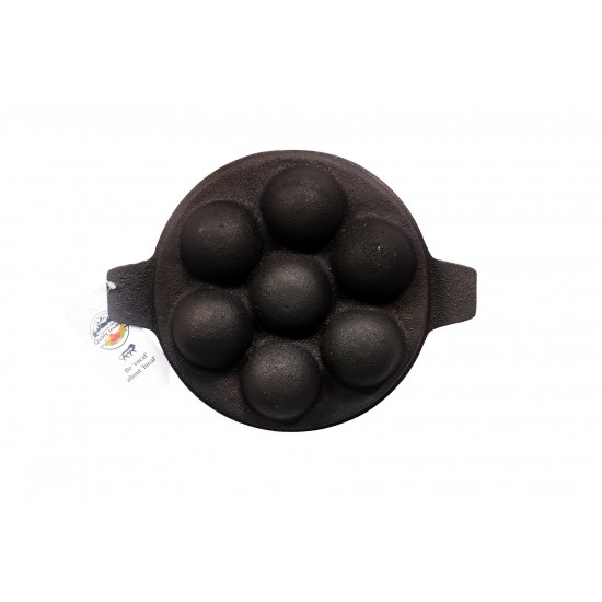 Qualy Investo 7 Cavity Cast Iron Paddu Tawa Appam Patra Paniyarakkal Kuzhi Paniyaram (Black Preseasoned)