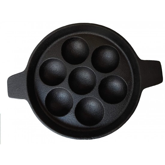 Qualy Investo 7 Cavity Cast Iron Paddu Tawa Appam Patra Paniyarakkal Kuzhi Paniyaram (Black Preseasoned)