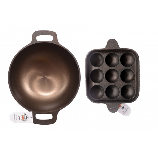 Showing image for Qualy Investo 10 inches Cast Iron Kadai and 9 cavity Cast Iron Paniyaram Pan with flat base Qualy Investo 10 inches Cast Iron Kadai and 9 cavity Cast Iron Paniyaram Pan with flat base image