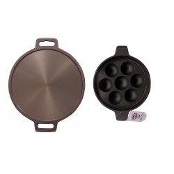 Qualy Investo Combo Cast Iron Dosa Tawa Preseasoned 12 inch (Induction Compatible) Double Handle & Paddu Tawa Appam Patra Paniyarakkal Kuzhi Paniyaram 7 cavity (Black Preseasoned) Qualy Investo Combo Cast Iron Dosa Tawa Preseasoned 12 inch (Induction Compatible) Double Handle & Paddu Tawa Appam Patra Paniyarakkal Kuzhi Paniyaram 7 cavity (Black Preseasoned)