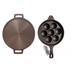 Qualy Investo Combo Cast Iron Dosa Tawa Preseasoned 12 inch (Induction Compatible) Double Handle & Paddu Tawa Appam Patra Paniyarakkal Kuzhi Paniyaram 7 cavity with Handle Qualy Investo Combo Cast Iron Dosa Tawa Preseasoned 12 inch (Induction Compatible) Double Handle & Paddu Tawa Appam Patra Paniyarakkal Kuzhi Paniyaram 7 cavity with Handle