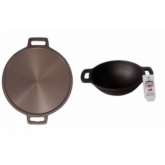 Qualy Investo combo Cast Iron Dosa Tawa Preseasoned 12 inch (Induction Compatible) Double Handle & 6.8 inches Cast Iron Small kadai