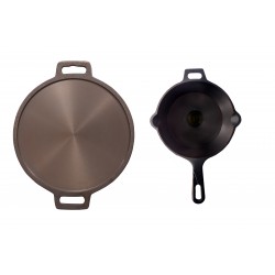 Qualy Investo Combo Cast Iron Dosa Tawa Preseasoned 12 inch (Induction Compatible) Double Handle & Skillet Pan /Frying Pan Tawa 10.25 Inches Qualy Investo Combo Cast Iron Dosa Tawa Preseasoned 12 inch (Induction Compatible) Double Handle & Skillet Pan /Frying Pan Tawa 10.25 Inches