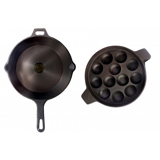 Qualy Investo Combo Cast Iron 10.25 inch Skillet Frying pan tawa and 12 Cavity appam patra