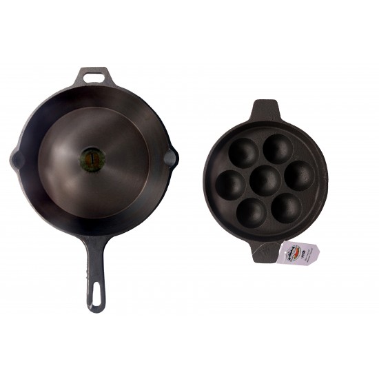 Qualy Investo Combo Cast Iron 10.25 inch Skillet Frying pan tawa and 7 Cavity appam patra