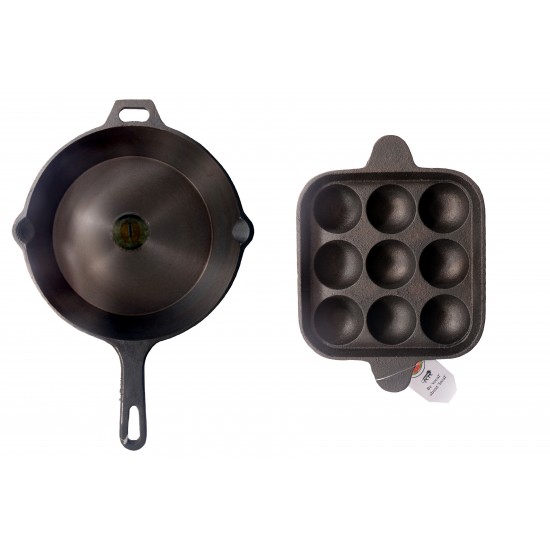 Qualy Investo Combo Cast Iron 10.25 inch Skillet Frying pan tawa and 9 Cavity appam patra