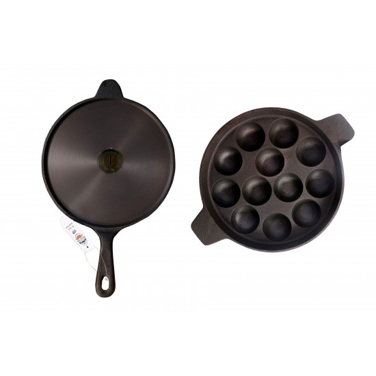 Qualy Investo Pre Seasoned Cast Iron Dosa Tawa with Long Handle (27CM) & Paddu Tawa Appam Patra Paniyarakkal Kuzhi Paniyaram 12 cavity (Black Preseasoned)