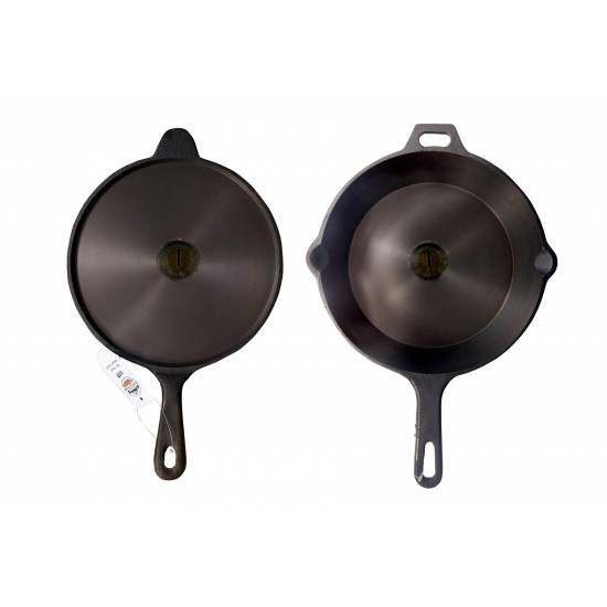 Qualy Investo Pre Seasoned Cast Iron Dosa Tawa with Long Handle (27CM) & Skillet Pan /Frying Pan Tawa 10.25 Inches