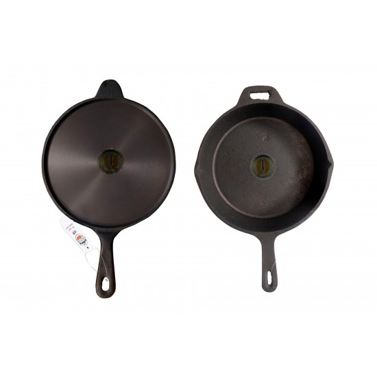 Qualy Investo Pre Seasoned Cast Iron Dosa Tawa with Long Handle (27CM) & Skillet Pan /Frying Pan Tawa 9.2 Inches