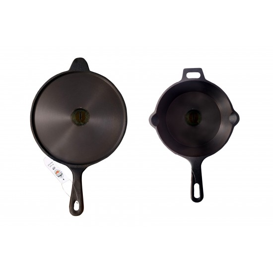 Qualy Investo Pre Seasoned Cast Iron Dosa Tawa with Long Handle (27CM) & Skillet Pan /Frying Pan Tawa 7.5 Inches