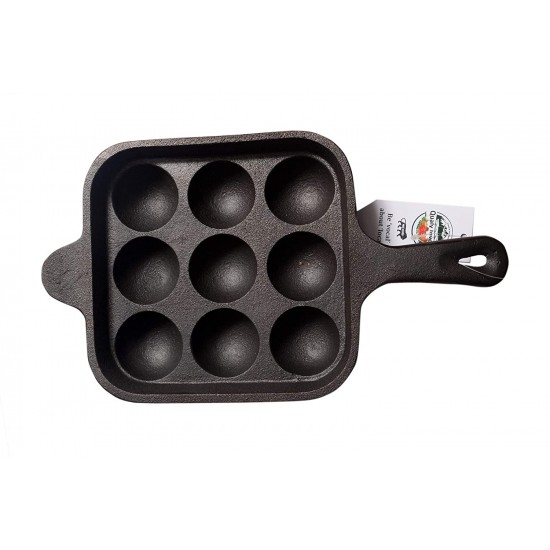 Qualy Investo 9 Cavity Appam Patra Kuzhi Paniyaram Pre-Seasoned Cast Iron Paddu Tawa with flat base